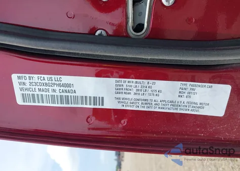 2023 Dodge Charger Sxt z USA, uszkodzony, nr VIN 2C3CDXBG2PH640001